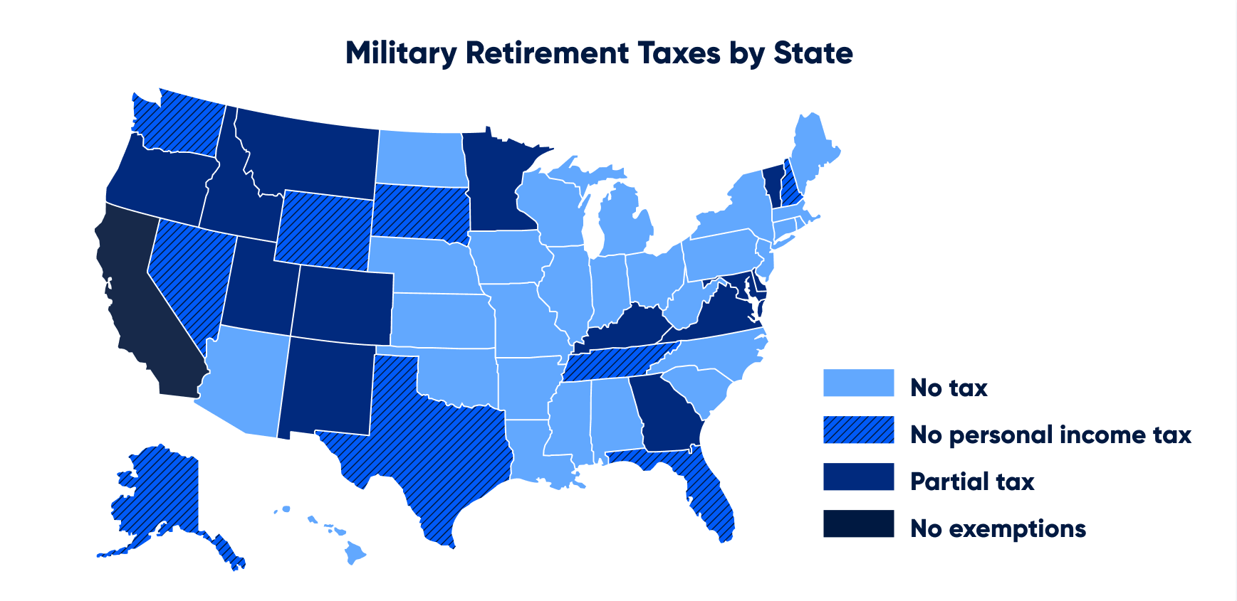 Map of United States that highlights which states do and don't tax military retirement pay.